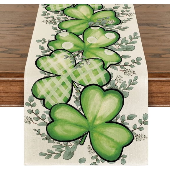 Clover Shamrocks Eucalyptus Buffalo Plaid St.Patrick's Day Table Runner, Seasonal Kitchen Dining Table Runner for Home Party Decor 13x90 Inch
