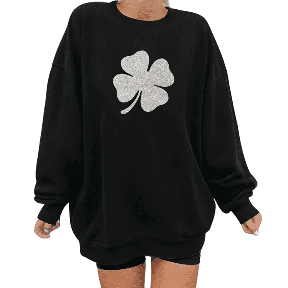 Clover Silver Glitter Design Graphic Sweatshirt Womans Print Sweatshirt Black St Patricks Day Casual Wear S-3XL Tops St Patricks Day Clove