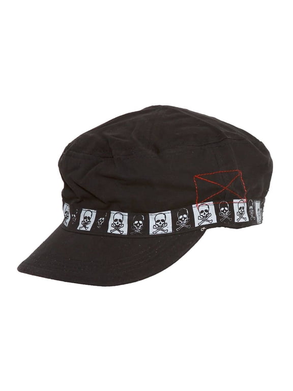 Clover Skull Checkered Band Newsboy Cap - Black