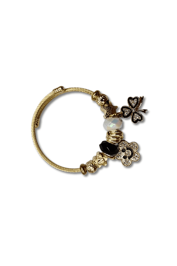 Clover Smiley Face Charm Bracelet in Gold with Crystal Accents