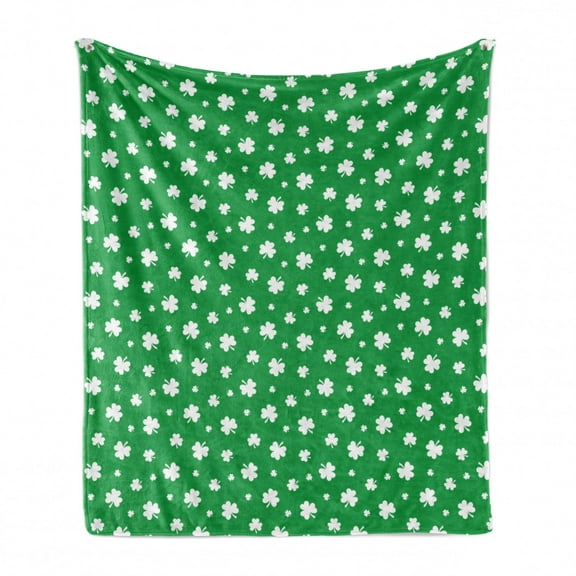 Clover Soft Flannel Fleece Blanket, Simplistic Irish Themed Pattern with Monochrome Shamrock Silhouettes Repetition, Cozy Plush for Indoor and Outdoor Use, 50" x 60", Green and White, by Ambesonne