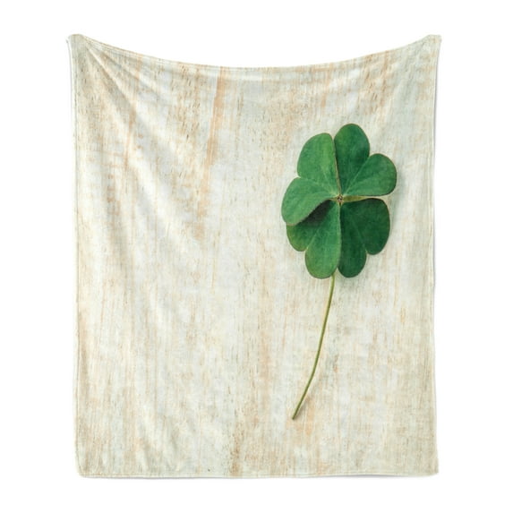 Clover Soft Flannel Fleece Throw Blanket, Close up Photo of Shamrock with 4 Leaf on Grunge Backdrop, Cozy Plush for Indoor and Outdoor Use, 50" x 70", Champagne Off White, by Ambesonne
