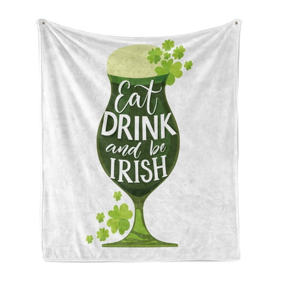 Clover Soft Flannel Fleece Throw Blanket, Eat Drink and Be Irish Lettering on Folkloric Beer Glass, Cozy Plush for Indoor and Outdoor Use, 50" x 70", Olive Green Apple Green, by Ambesonne