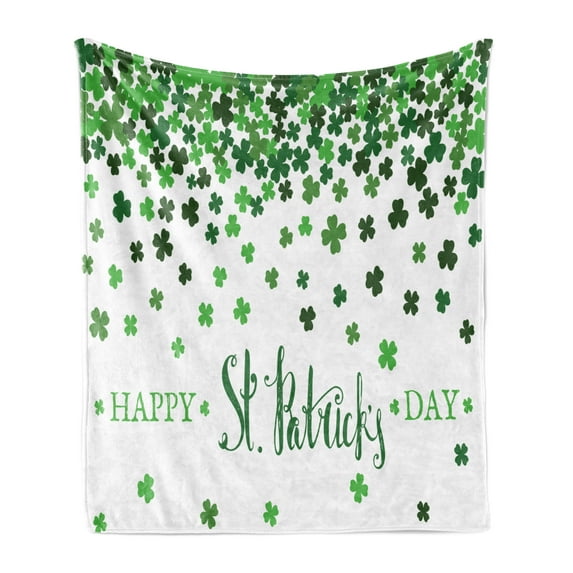 Clover Soft Flannel Fleece Throw Blanket, Happy St Patrick's Day Lettering with Little Shamrocks, Cozy Plush for Indoor and Outdoor Use, 60" x 80", Emerald Fern Green, by Ambesonne