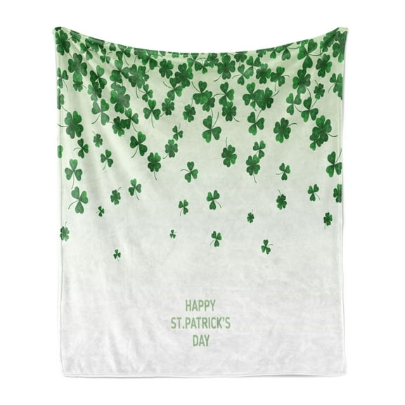 Clover Soft Flannel Fleece Throw Blanket, Happy St Patrick's Day Typography and Luck Spreading Shamrocks, Cozy Plush for Indoor and Outdoor Use, 70" x 90", Pale Green and Green, by Ambesonne