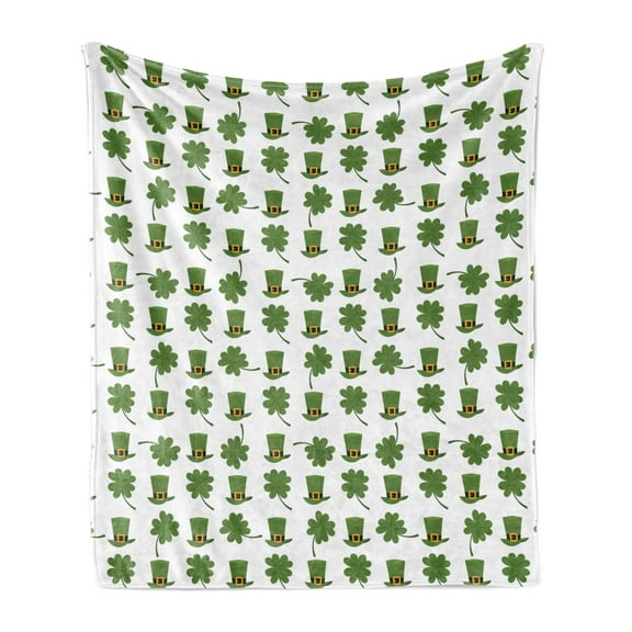 Clover Soft Flannel Fleece Throw Blanket, Irish Themed Cartoon Pattern Leprechaun Hat and Shamrock, Cozy Plush for Indoor and Outdoor Use, 50" x 60", Olive Green Pale Orange, by Ambesonne