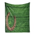 thumbnail image 1 of Clover Soft Flannel Fleece Throw Blanket, Luck Charms Rusty Horseshoe Little Shamrock on Wooden Backdrop, Cozy Plush for Indoor and Outdoor Use, 70" x 90", Green Pale Redwood, by Ambesonne, 1 of 5