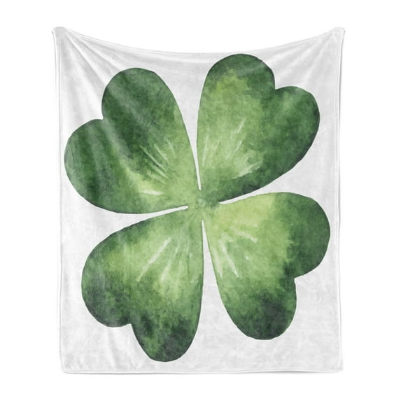 Clover Soft Flannel Fleece Throw Blanket, Quatrefoil Shamrock Leaf in Watercolor Style Graphic, Cozy Plush for Indoor and Outdoor Use, 50" x 60", Reseda Green Green, by Ambesonne