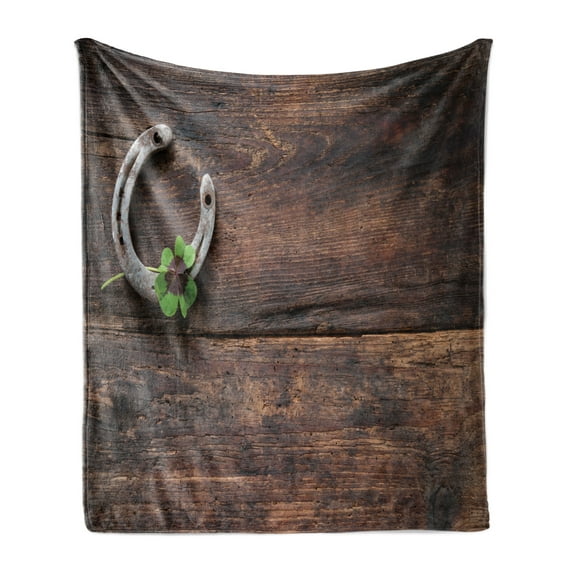 Clover Soft Flannel Fleece Throw Blanket, Rusty Horseshoe Shamrock on Weathered Wooden Backdrop, Cozy Plush for Indoor and Outdoor Use, 60" x 80", Grey Seal Brown, by Ambesonne