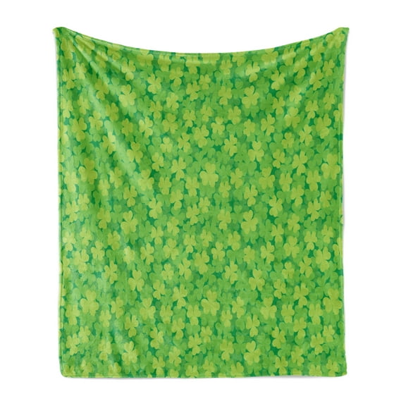 Clover Soft Flannel Fleece Throw Blanket, Simple Repetitive Shamrock Leaves Luck Pattern, Cozy Plush for Indoor and Outdoor Use, 70" x 90", Fern Green Lime Green, by Ambesonne