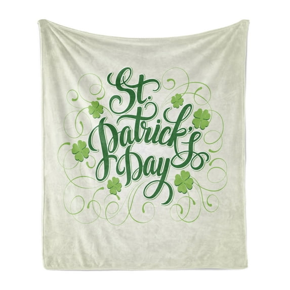 Clover Soft Flannel Fleece Throw Blanket, St Patrick's Day Calligraphy with Swirls and Shamrocks, Cozy Plush for Indoor and Outdoor Use, 70" x 90", Green Lime Green, by Ambesonne