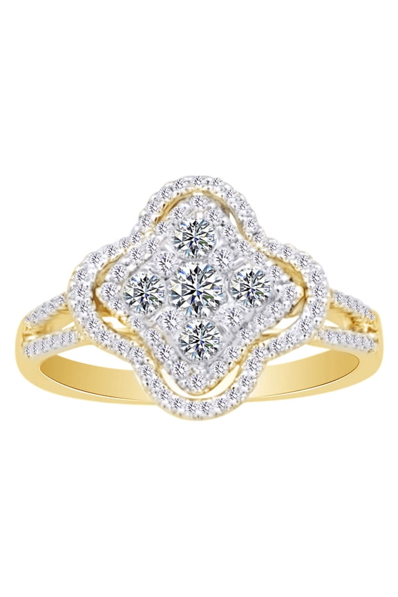 Clover Style Engagement Wedding Ring In 14k Yellow Gold With Round Cut White Natural Diamond (0.8 cttw) With Ring Size 6