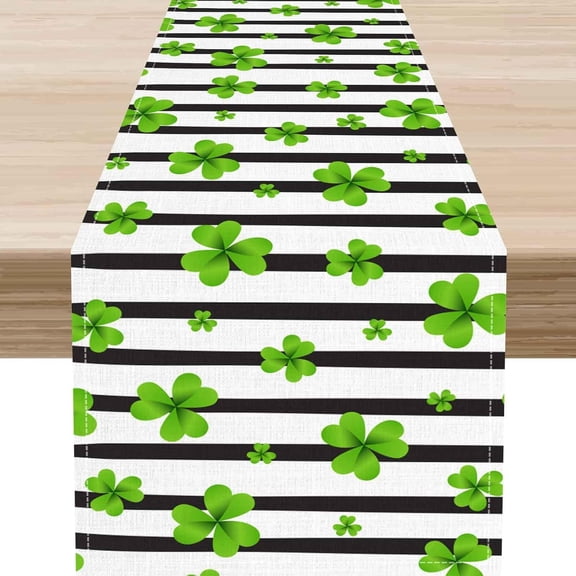 Clover Table Runner, Green Clover Shamrocks Striped Seasonal Spring St.Patrick''s Day Coffee Table Center Decor for Kitchen Dining Patio Holiday Party Indoor Outdoor Table Decorations, 13"x36" Inch