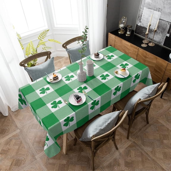 Clover Tablecloth 60x84inch, Polyester Table Cloth Cover for Dining Tables, Indoor Outdoor Use for Parties Gatherings, Waterproof Spillproof, Green Plaid Happy St. Patricks Day