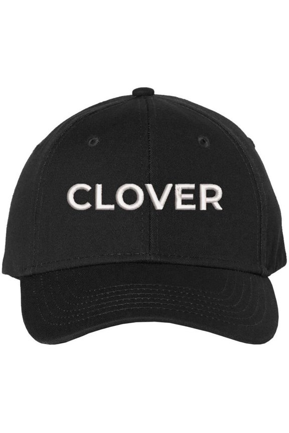 Clover Text Embroidered Baseball Cap | St. Patricks Day Structured Hat (Black/White)