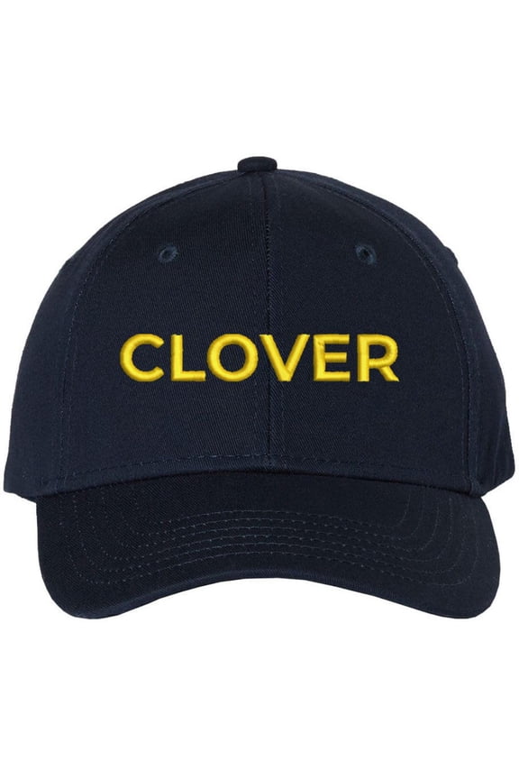 Clover Text Embroidered Baseball Cap | St. Patricks Day Structured Hat (Navy/Gold)