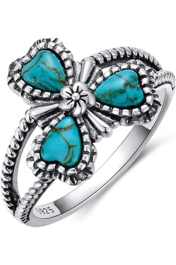 Clover Turquoise Ring 925 Sterling Silver Natural Turquoise Flower Ring 3 Heart Shape Stone Boho Lucky Ring Gift for Women