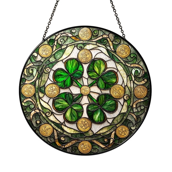 Clover Vine Pattern Stained Glass Style Suncatcher Window Hanging Decor, Green Shamrock Leaf Sun Catcher Ornament, Botanical Window Art Decoration, Nature Inspired Decorative Window Hanging Gift