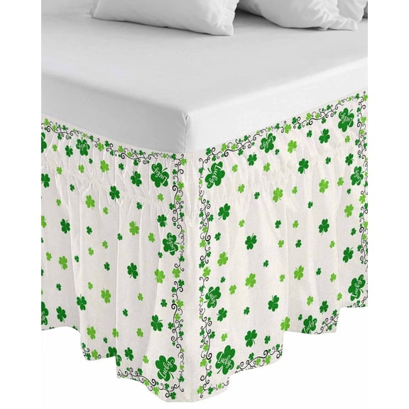 Clover,Wrap Around Bed Skirts for Queen Bed 16" Drop,Bed Skirt with Adjustable Elastic Belt Dust Ruffle Bed Valance for Bedroom Hotel Happy St. Patrick's Day Retro Green Shamrocks Bed Frame Cover