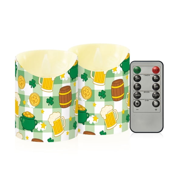Clover and Beer Pattern Flameless Candles 2 PCS with Remote Realistic Moving Flame LED Tapered Pillar Set for Home Decor