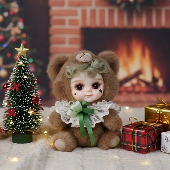 Cloveray 8 Inch Hand-Painted Porcelain Face Doll with Plush  Acrylic Cotton Body, Mini Kawaii High-Color Makeup Ceramic Doll for Room Decor, Birthday Gifts, Collectible Name Kira (Brown) Y101