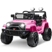 Clovercat 12v 7 Hours Powered Kids Ride on Toys Truck Car with Parent Remote Control, Bluetooth Music, Spring Suspension, Led Lights, Pink