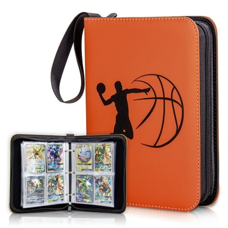 Clovercat 4 Pocket Ball Trading Card Binders, 3 Rings Design, 50 Pages, 400 Cards, Basketball Orange