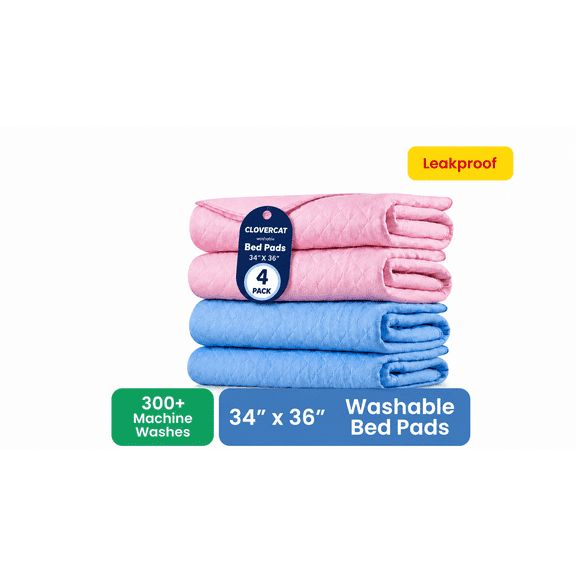 Clovercat Reusable Incontinence Bed Pads, Washable Waterproof Underpads, 34 X 36 In, Blue and Pink, 4 Pack
