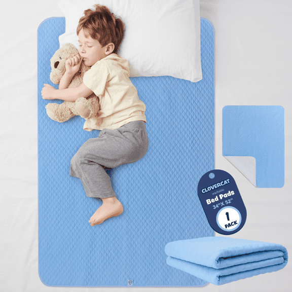 Clovercat Washable Waterproof Bed Pads, Reusable, 34" x 52", Blue, 1 Pack for Bed Protection and Comfort