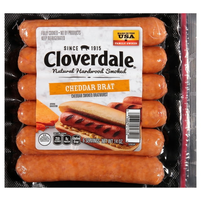 Cloverdale Foods Naturally Hardwood Smoked Cheddar Bratwurst Smoked Sausage, 14 Ounces