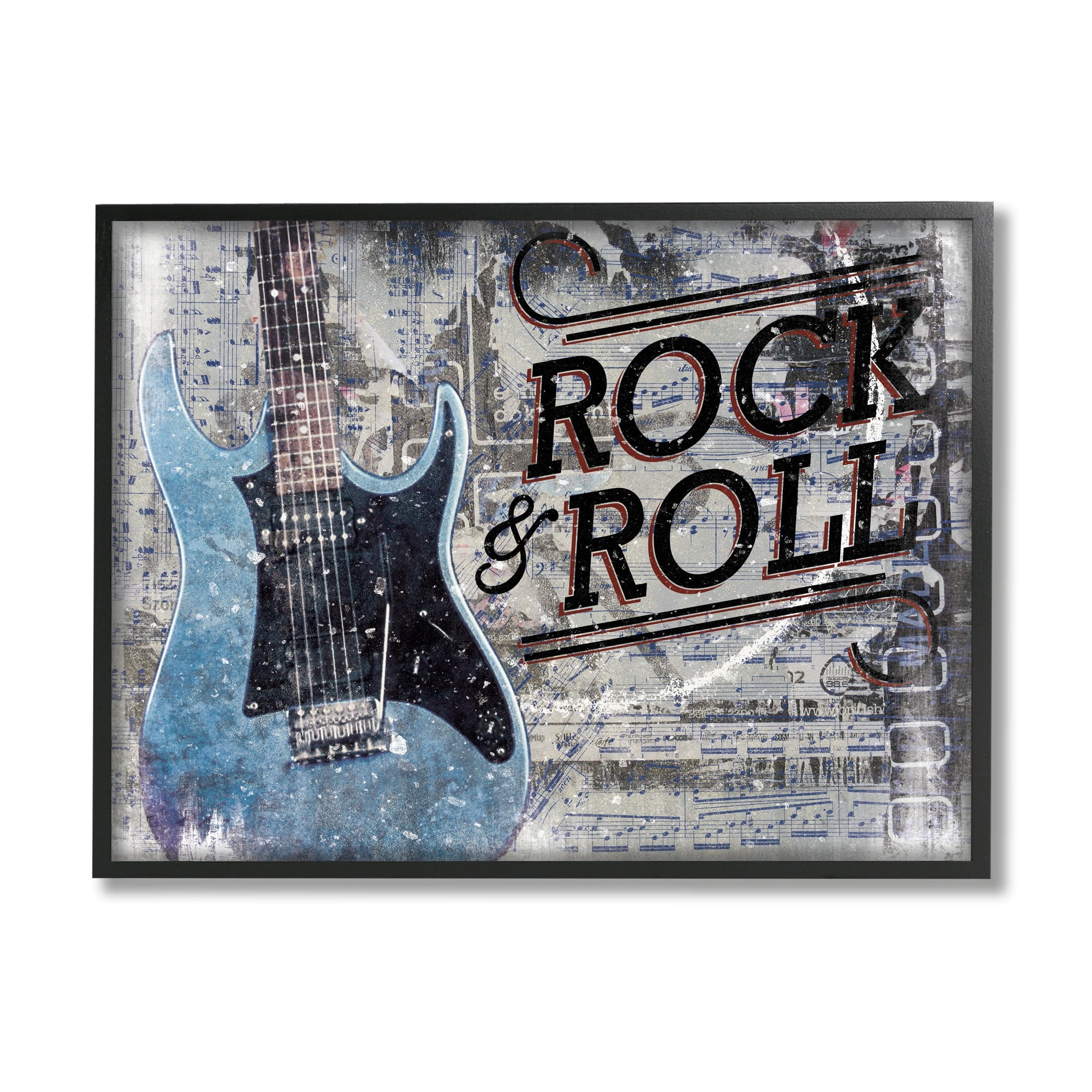Cloverfield & Co. Rock & Roll Electric Guitar Musical Score Grunge Background 14" x 11" Framed Painting Art Prints by Stupell Home Décor