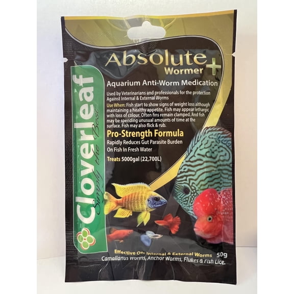 Cloverleaf Absolute Wormer- 50g - Freshwater- Salt Water- Aquariums with Worms and Flukes- Treats 5000 Gallons, Fish, Dewormer