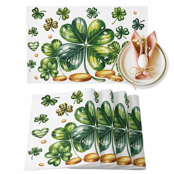 Clovers St. Patrick's Day Placemat of 1 PC, Rustic Green Shamrock Gold Coin Table Mats Washable Heat-Insulation Non-Slip Place Mats for Kitchen Dinner Table Indoor Outdoor Decor,13x19 Inch