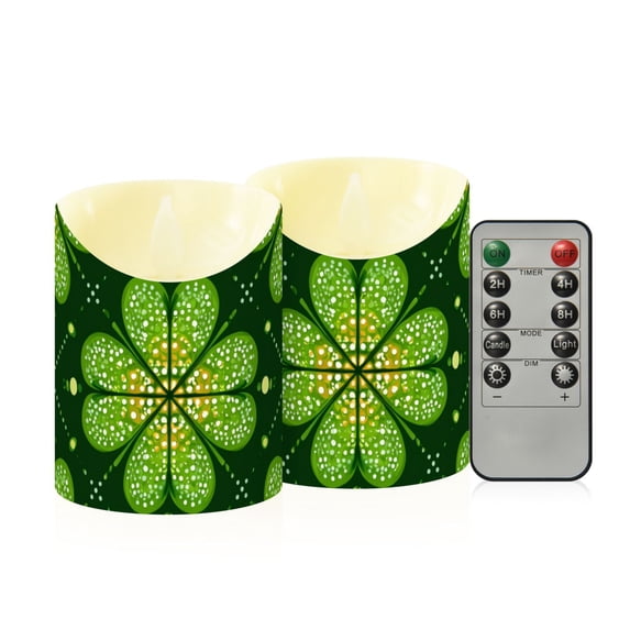 Clovers on Grids St Patricks Day Flickering Flameless Candles with Remote Timer Battery Operated LED Tealight Set of 2 S