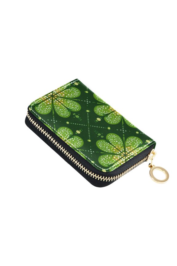 Clovers on Grids St Patricks Day Women's Credit Card Holder PU Leather Zipper Wallet RFID Blocking
