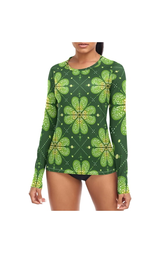 Clovers on Grids St Patricks Day Women's Rash Guard Shirts UPF 50+ Sun Protection Clothing Long Sleeve Swim Suits XL
