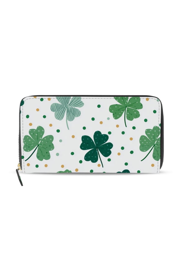 Clovers with Polka Dots St Patricks Day Women's Long Zipper Wallet Bifold Clutch Purse PU Leather Card Cases