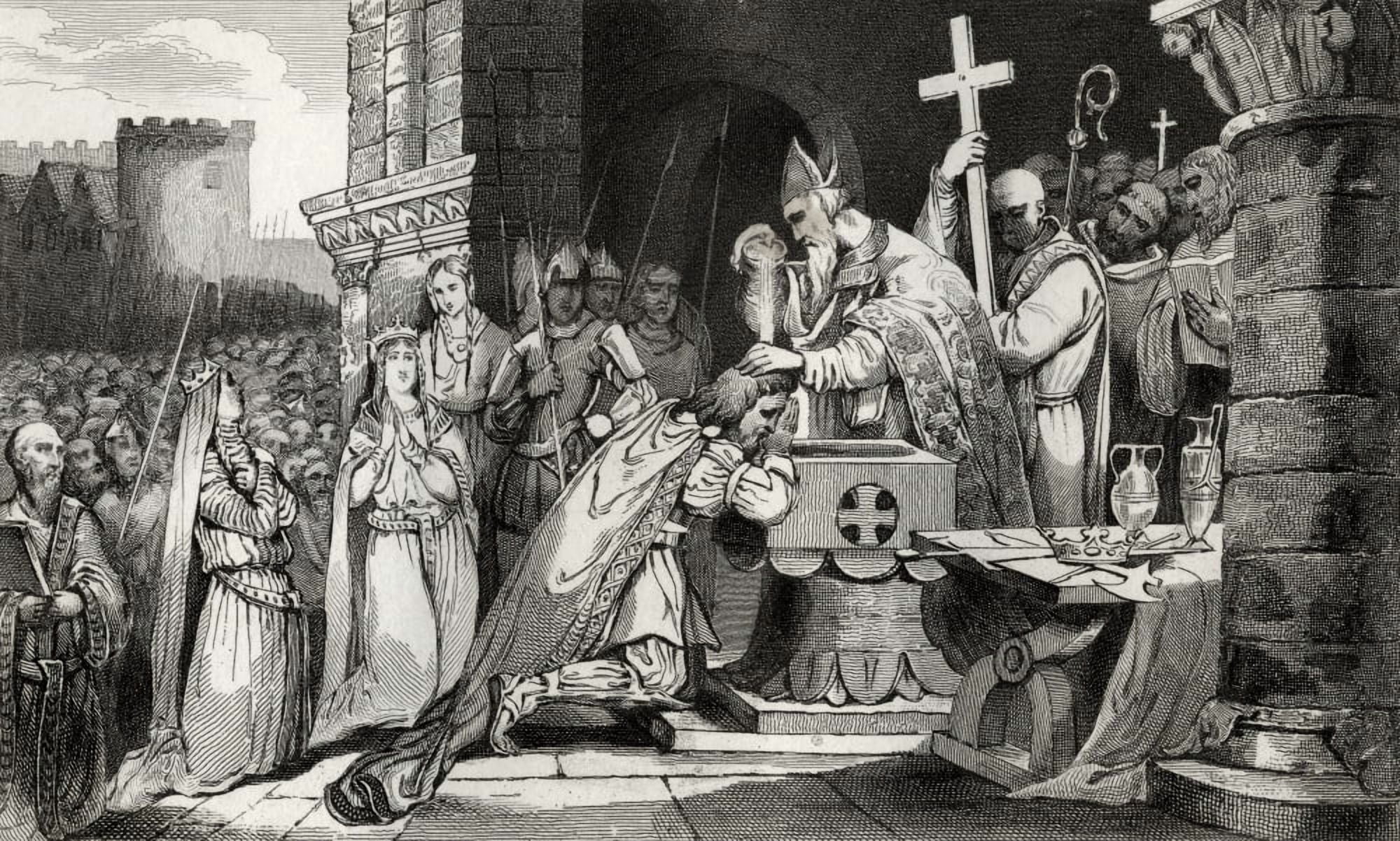 Clovis I 465 To 511 King Of The Franks Baptised With Men From His Army Before The Battle Of Tolbiac From Histoire De France By Colart Published Circa 1840 Canvas Art - Ken Welsh Design Pics (19 x 11)