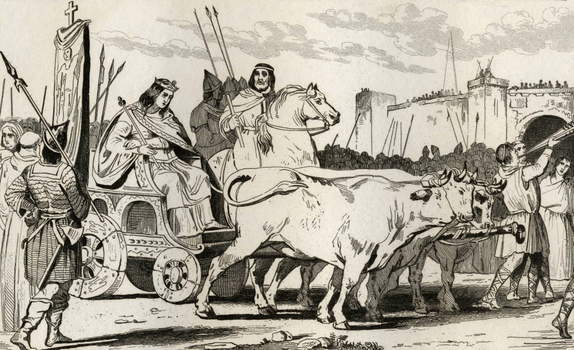 Clovis Iii 682 To 695 In A Chariot Pulled By Oxen With Pepin Ii Of Herstal C714 Riding Alongside Him From Histoire De France By Colart Published Circa 1840 Canvas Art - Ken Welsh Design Pics (36 x 22