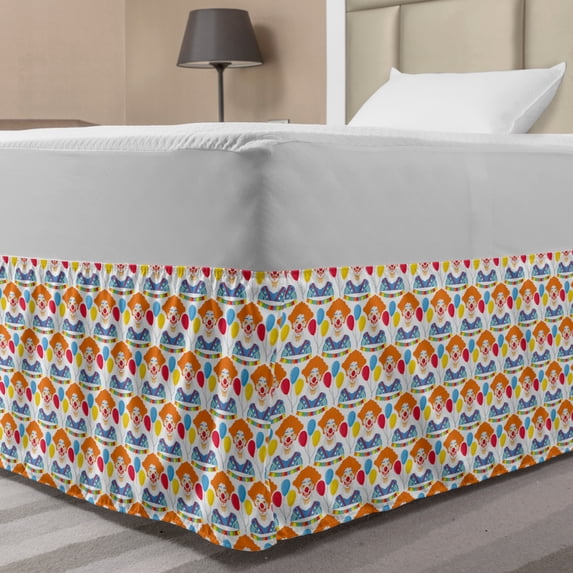 Clown Bed Skirt, Repetitive Pattern of Smiling Whimsical Entertainer and Balloons Graphic Image, Elastic Bedskirt Dust Ruffle Wrap Around for Bedding Decor, 4 Sizes, Multicolor, by Ambesonne