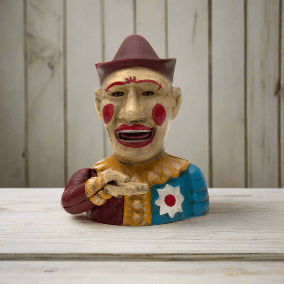 Clown Cast Iron Mechanical Coin Bank With Painted Antique Finish (7" High)
