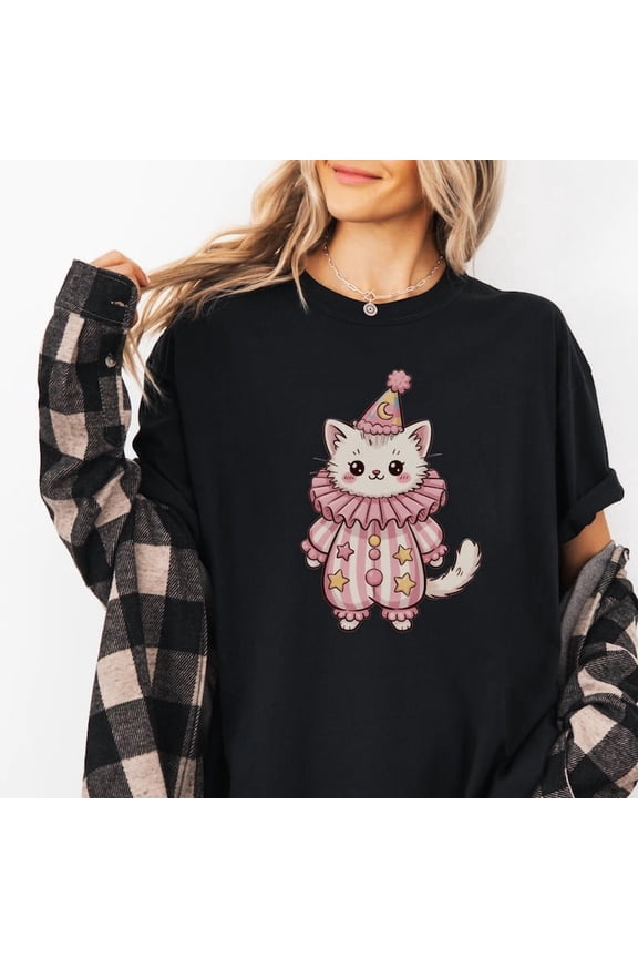Clown Cat Shirt Kawaii Kitty Tee | Cute Circuscore Graphic T-shirt | Aesthetic Pastel Cat Gift | Harajuku Style Funny Animal Tee