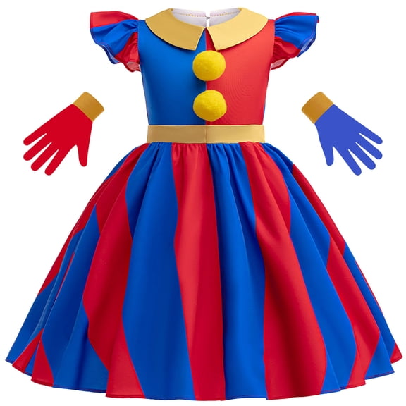 Clown Costume Dress with Gloves for Girls Birthday Cosplay Outfit, 4-5
