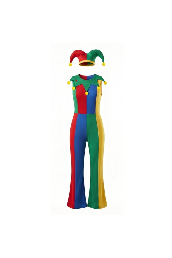 Clown Costume Set for Halloween Cosplay, Multicolor Circus Show Clown One-Piece Outfit Jumpsuit for Halloween Carnival Party Suit, Halloween Costume for Women, L
