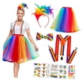 thumbnail image 1 of Clown Costume Set for Women Circus Outfit Feathered Headband Rainbow Tutus Skirt Gloves Socks Suspenders Halloween Costume, 1 of 9