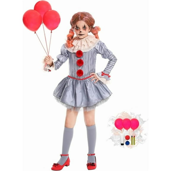 Scary Clown Costume for Girls, Halloween Outfit with Balloons & Makeup Kit for 12-14 Years