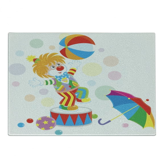 Clown Cutting Board, Funny Circus Entertainer with Colorful Umbrella and Balls on Colorful Pastel Dots, Decorative Tempered Glass Cutting and Serving Board, in 3 Sizes, by Ambesonne