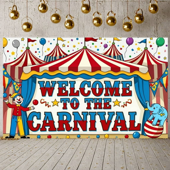 Clown Design Carnival Banner Elephant Circus Display Colorful Balloons Striped Tent Welcome Backdrop for Carnival Party Circus Event Welcome Celebration