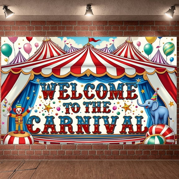 Clown Design Carnival Banner Elephant  Circus Display Colorful Balloons Striped Tent Welcome Backdrop for Carnival Party Circus Event Welcome Celebration