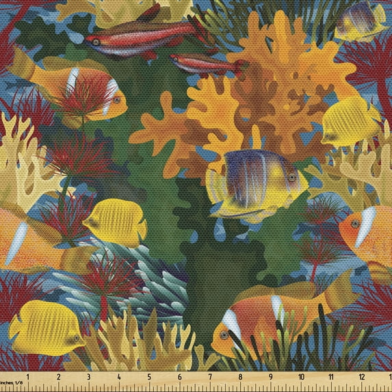 Ambesonne Clown Fabric by the Yard Upholstery, Tropical Fish with Reef Art, 3 Yards, Multicolor